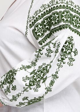 Неотразимая вышиванка из белого льна с тёмно-зелёным геометрическим орнаментом для женщин (gbv-24-04), 40, лен