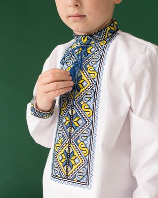 Вышиванка для мальчика белая с сине-желтой вышивкой "Элит" (mrg-kh032-8888), 5, бязь