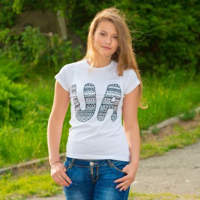 Коттоновая белая женская футболка с принтом "UA" (10102021-565), 44