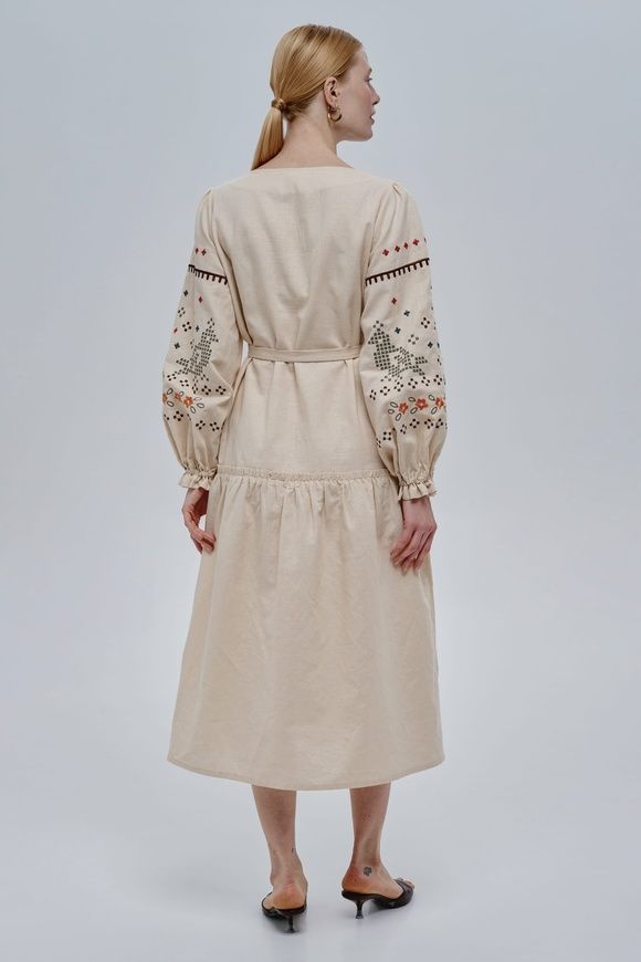 ВИШИТА ЛЛЯНА СУКНЯ "КОХАННЯ МОЄ" БЕЖЕВОГО КОЛЬОРУІ (VUT-4258), XS, льон