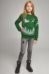 Вязаный зеленый с оленями свитер для девочки (UKRS-6628), 122, шерсть, акрил