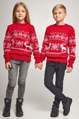 Красные парные вязаные детские свитера с оленями (UKRS-6630-6630), шерсть, акрил
