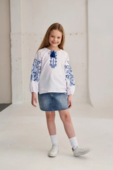 Вышиванка для девочки белая "Розочка" с синей вышивкой (mrg-rd542-8888), 116, домоткане полотно