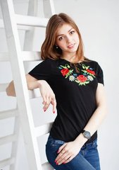 Женская вышитая футболка черная "Маки" (LS-91110021-48), L, вискоза