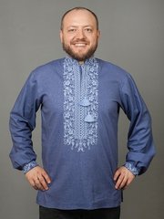 Сорочка из льна сине-фиолетового цвета с красивой цветочной вышивкой для мужчин (chsv-54-1), 40, лен