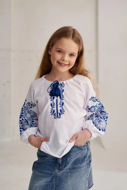 Вышиванка для девочки белая "Розочка" с синей вышивкой (mrg-rd542-8888), 116, домоткане полотно