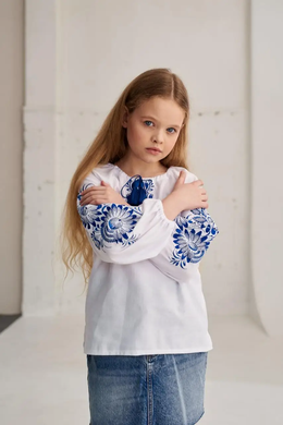 Вишиванка для дівчинки біла "Жоржина" з синьою вишивкою (mrg-rd542-8888), 116, домоткане полотно