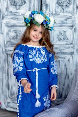 Вишите синє яскраве плаття з білою вишивкою для дівчинки (OS-0329), 2 роки, габардин