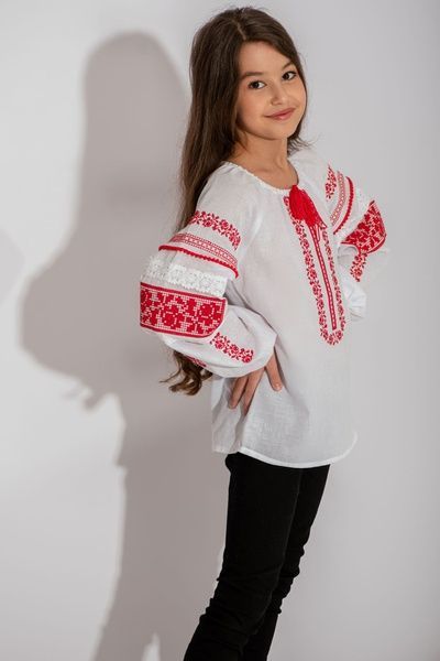 ВИШИТА БЛУЗА ДЛЯ ДІВЧИНКИ "МЕРЕЖИВНІ КВІТИ" БІЛА З ЧЕРВОНОЮ ВИШИВКОЮ (BLd-36-17-rd), 116, домоткане полотно