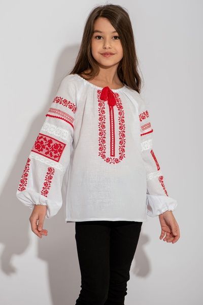 ВИШИТА БЛУЗА ДЛЯ ДІВЧИНКИ "МЕРЕЖИВНІ КВІТИ" БІЛА З ЧЕРВОНОЮ ВИШИВКОЮ (BLd-36-17-rd), 116, домоткане полотно