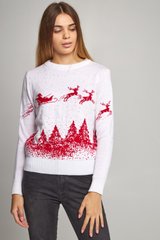 Різдвяний жіночий білий светр з Дідом Морозом та оленями (UKRS-8842), XS, шерсть, акрил