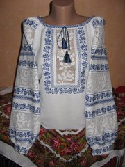 Женская блузка вышитая синими нитками (GNM-02053), 40, домотканое полотно белое