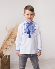 Вышиванка для мальчика белая с синей вышивкой "Звезда" (mrg-kh202-8888), 1, домотканое полотно