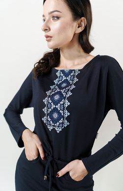 Коротка модна сукня з геометричною вишивкою "Зоря" із темно-синього трикотажу для жінок (PL-008-103-Tr), 42