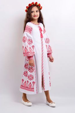 Біла сукня із льону "Розкіш-2" з цікавою рожево-червоною вишивкою для дівчаток (PLd-120-150-L-wht), 116