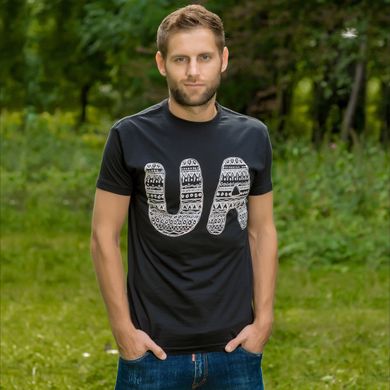 Патриотическая черная мужская футболка с белым принтом "UA" (20102011-563), 48