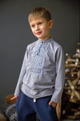 Вишиванка для хлопчика "Карпатська" сіра з довгим рукавом з блакитною вишивкою (LS-95432195-92), 92, бавовна