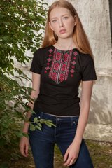 Женская футболка черная с красной вышивкой Гуцулка (LS-91110481-44), XXL, вискоза