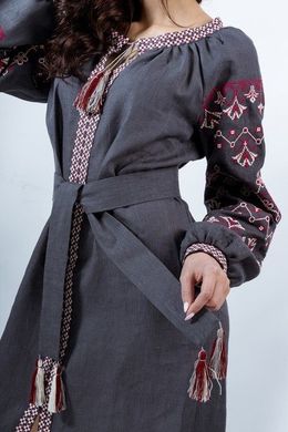 Шикарна міді-сукня з вишивкою "Оберіг" із льону сірого кольору для жінок (PL-046-164-L-gry), 40