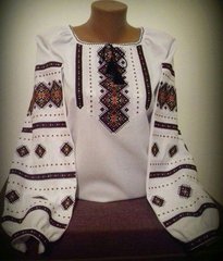 Колоритно-узорчатая вышитая сорочка из домотканого полотна с геометрическим орнаментом для женщин (GNM-01777), 40, домотканое полотно белое