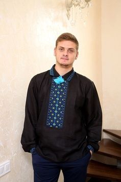 Сорочка чоловіча вишита руками синіми і жовтими нитками (GNM-02145), 38, льон чорний
