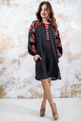 Символичное чёрное платье "Обаяние" в украинском стиле из льна с вышивкой для женщин (PL-035-066-L-red), 42, льон