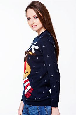 В'язаний синій светр з прикольним оленем для жінок (FM-0075), XS, бавовна