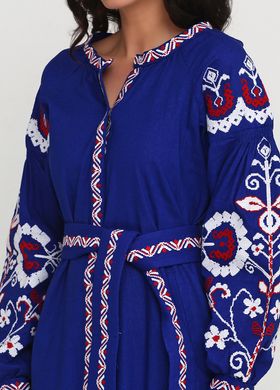 Удлинённое платье из синего льна с оригинальной украинской вышивкой для женщин (gpv-10-01), 40, лен, тиар