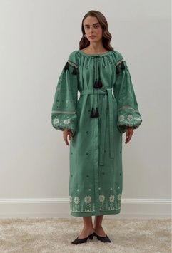 ЖІНОЧА ЛЛЯНА ВИШИТА СУКНЯ "ОРІЯ" КОЛЬОРУ М'ЯТА (FM-СЖ-111), 42(XS), льон