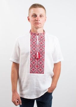 Льняна біла сорочка з коротким рукавом "Лабіринт" з українським орнаментом для чоловіків (SRs-401-156-L), 46