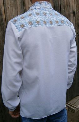 Вышиванка рубашечного кроя из полотна белого цвета с колоритным орнаментом для мужчин (GNM-01562), 42, домотканое полотно