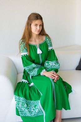 Зелена довга сукня-бохо вишита в українському стилі (ЛА-9), 42