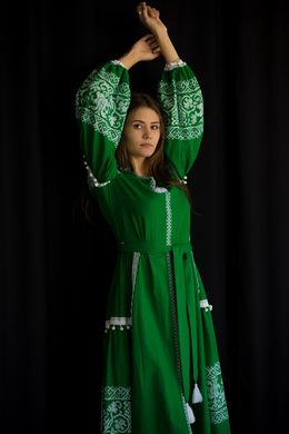 Зеленое длинное платье-бохо вышитое в украинском стиле (ЛА-9), 42