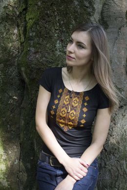 Женская вышитая футболка черная "Гуцулка" с оранжевой вышивкой (LS-91110482-44), M, вискоза