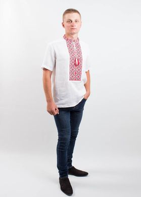 Льняна біла сорочка з коротким рукавом "Лабіринт" з українським орнаментом для чоловіків (SRs-401-156-L), 46