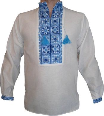 Стилізована сорочка-вишиванка з національним візерунком у синіх відтінках для чоловіків (GNM-00574), 40, поплін