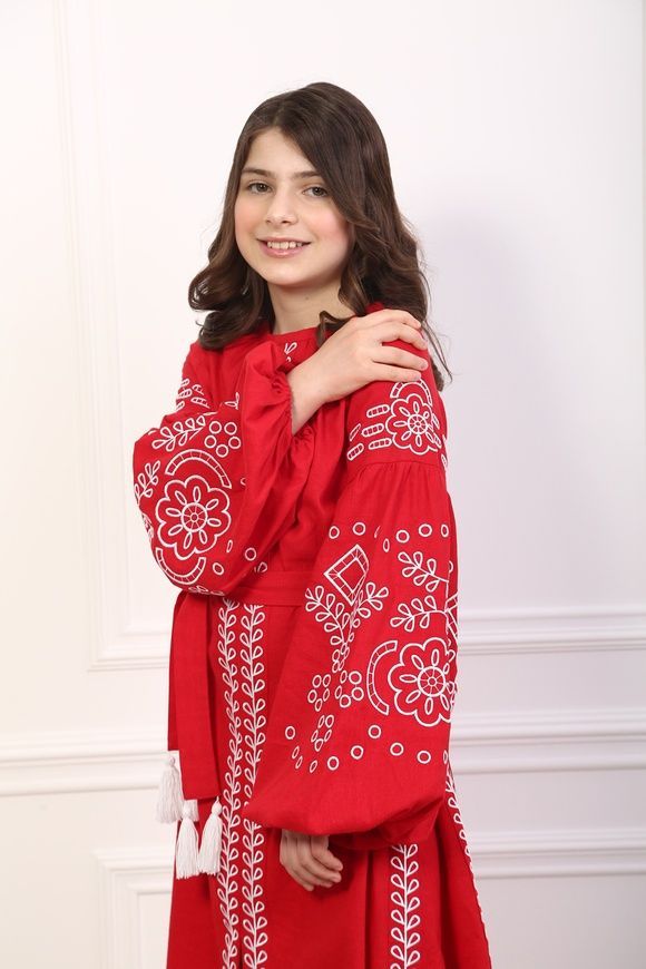 Вишите плаття червоне для дівчинки Мереживні сни (PLd-141-181-L), 116, льон
