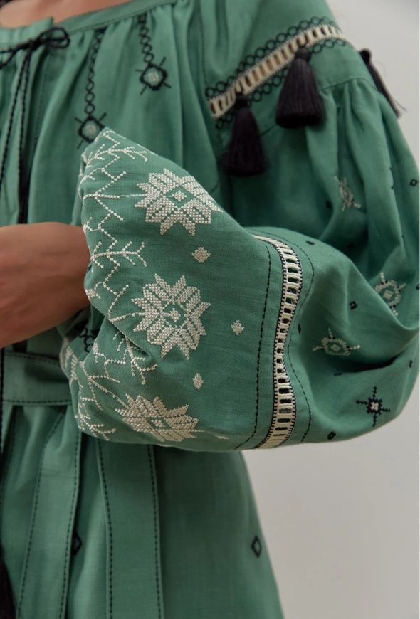 ЖІНОЧА ЛЛЯНА ВИШИТА СУКНЯ "ОРІЯ" КОЛЬОРУ М'ЯТА (FM-СЖ-111), 42(XS), льон