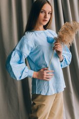 Вишита блакитна блуза з довгими рукавами для жінок (B-088-01), 40, льон