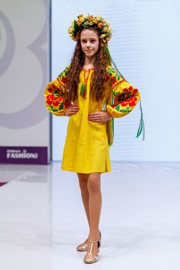 Вышитое платье желтого цвета для девочки "Левада" (PLd-119-178-L), 152