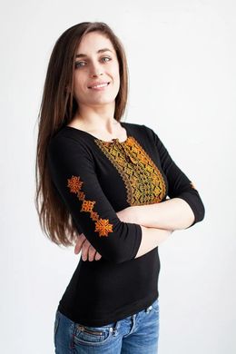 Женская футболка-вышиванка черная с оранжевой вышивкой "Мережка" (LS-91121552-44), XXL, вискоза