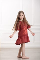 Вышитое платье терракотовое для девочек Цветочное пламя (PLd-102-084-L), 110, лен
