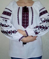 Вишита блузка із домотканого полотна з чорно-вишневим національним орнаментом для жінок (GNM-01771), 40, домоткане полотно біле