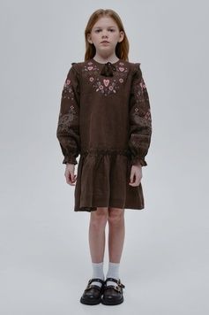 ВИШИТА ЛЛЯНА СУКНЯ ДЛЯ ДІВЧИНКИ "ЛЯЛЯ" ШОКОЛАДНОГО КОЛЬОРУ (VUT-0246), 110, льон