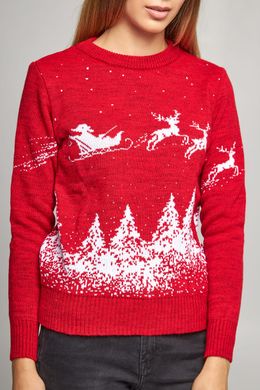 Різдвяний жіночий червоний светр з Дідом Морозом та оленями (UKRS-8843), XS, шерсть, акрил