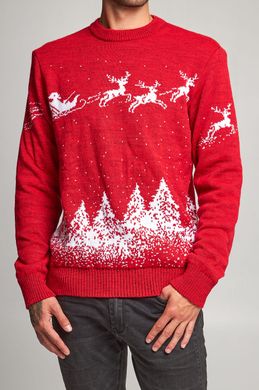 Різдвяний чоловічий червоний светр з Дідом Морозом та оленями (UKRS-9941), S, шерсть, акрил