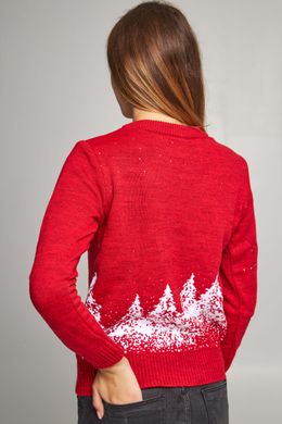 Різдвяний жіночий червоний светр з Дідом Морозом та оленями (UKRS-8843), XS, шерсть, акрил