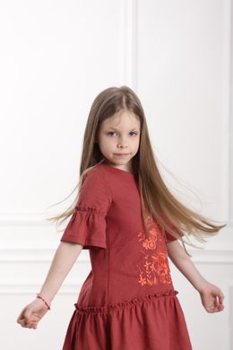 Вышитое платье терракотовое для девочек Цветочное пламя (PLd-102-084-L), 110, лен