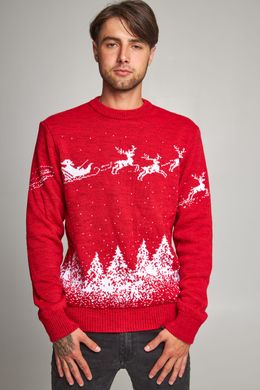 Рождественский мужской красный свитер с Дедом Морозом и оленями (UKRS-9941), S, шерсть, акрил