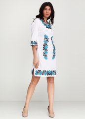 Красивое вышитое платье из белого полотна с сине-голубым орнаментом для женщин (gpv-04-04), 40, лен, тиар